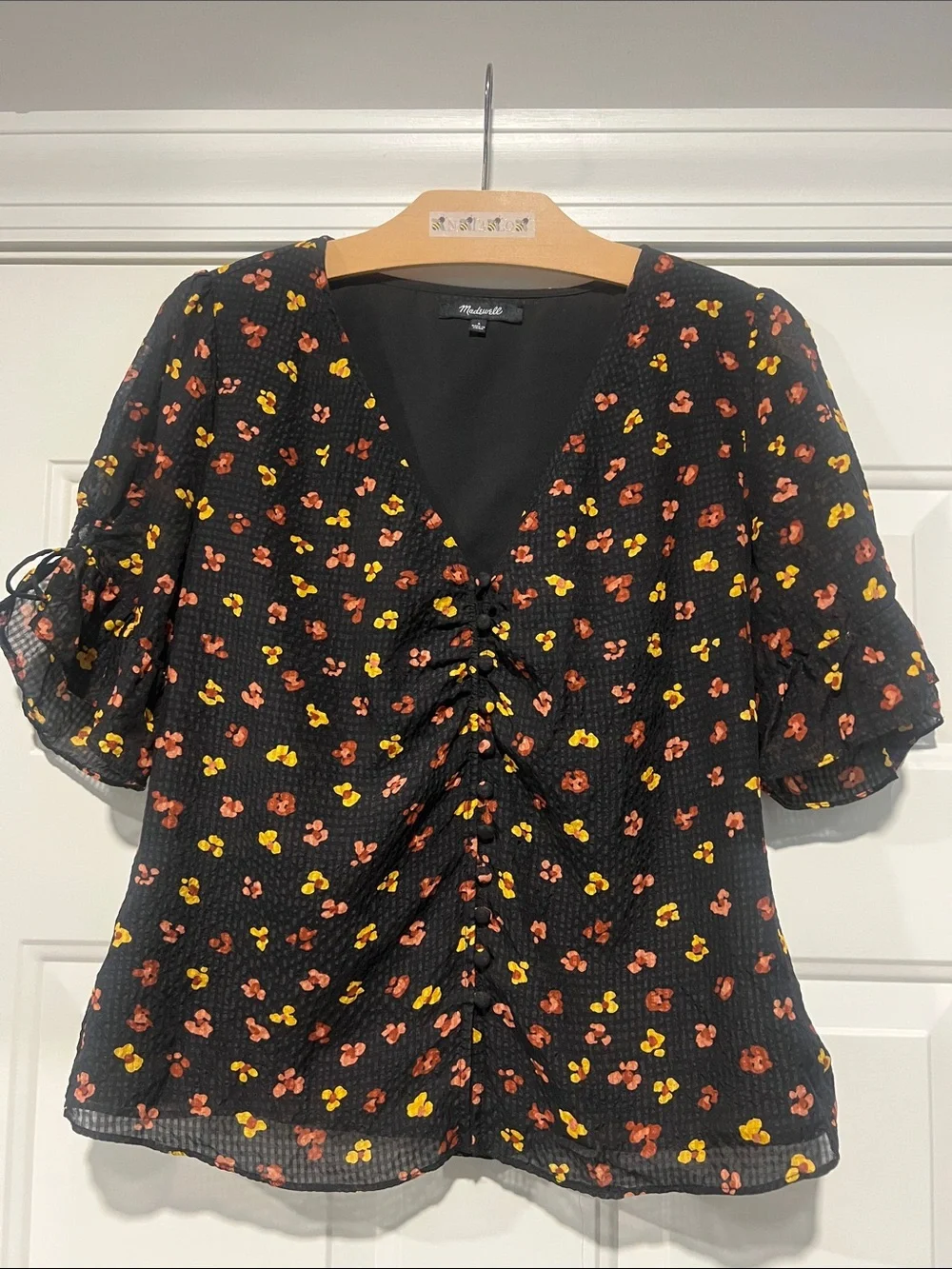 Madewell Silk Black V-Neck Tie-Sleeve Floral Top Sz 4 Coquette Cottage Prairie